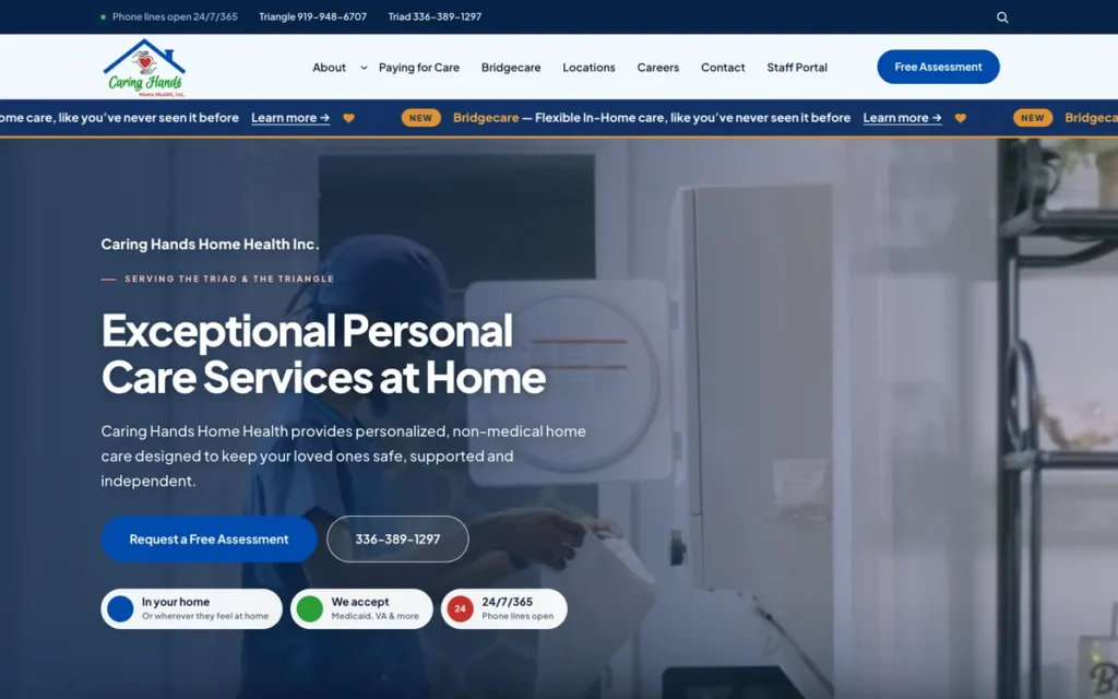 Caring Hands Home Health homepage on desktop, with the homepage video behind the headline “Exceptional Personal Care Services at Home”.