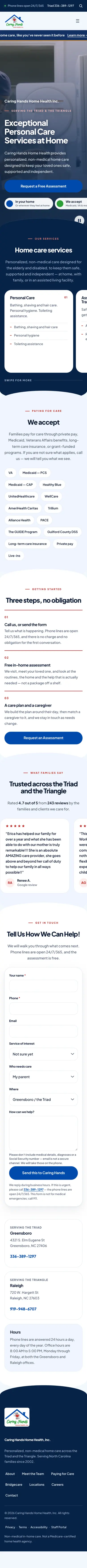 Caring Hands Home Health homepage on a phone.