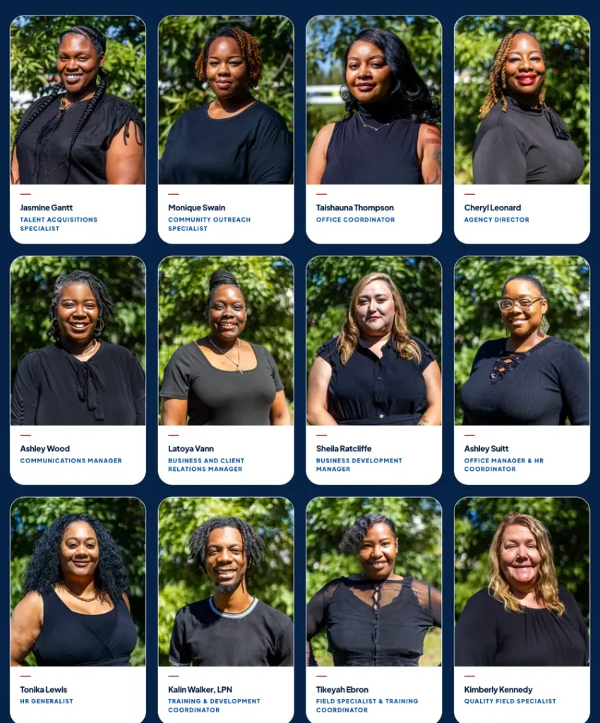 Meet the Team page: consistent outdoor headshots of Caring Hands office staff, photographed by 121 Media Group.