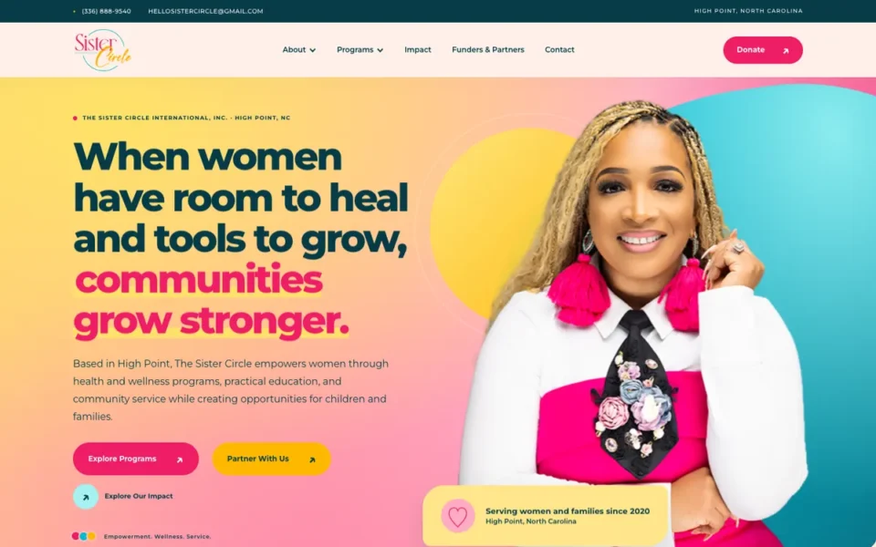 The Sister Circle homepage on desktop: “When women have room to heal and tools to grow, communities grow stronger.”